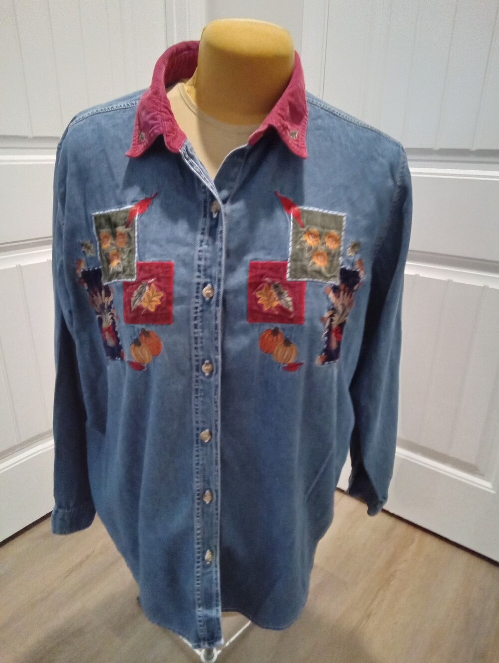 Vintage Bobbie Brooks Sz 22/24 Denim Button Down Corduroy Collared Fall Apliques